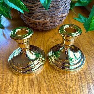 FB Rogers 24k GOLD Electroplated Pair Short Candlestick Holders 2”H Vintage EUC